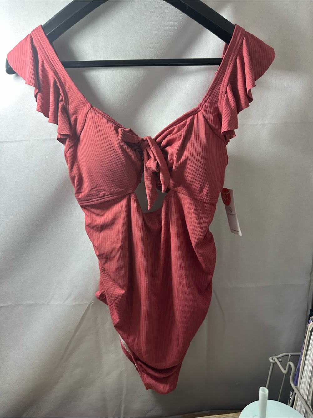 Charmo Ribbed Tie-Front One-Piece Swimsuit in Rose XL